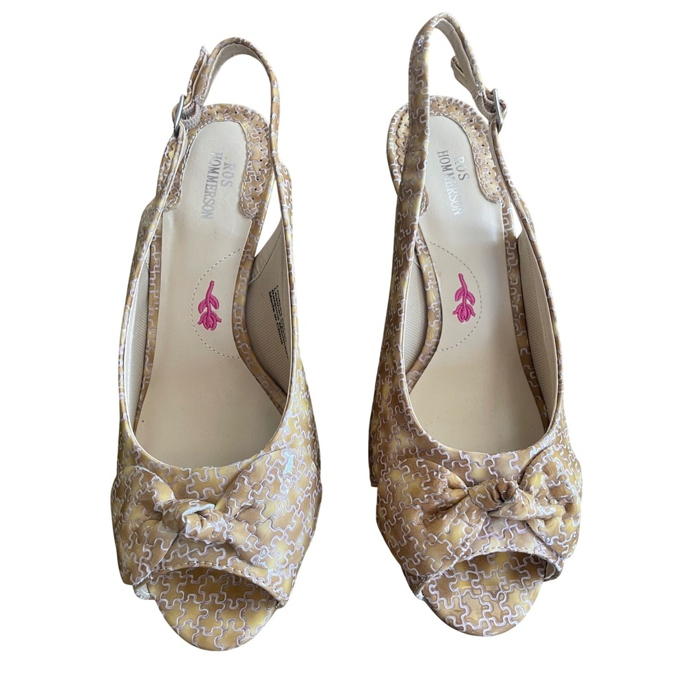 Ros Hommerson Lindsay Slingback Heels Tan White Puzzle Print Bow Peep Toe 8W